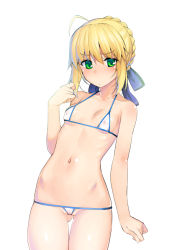 Rule 34 | 1girl, ahoge, artoria pendragon (all), artoria pendragon (fate), bikini, blonde hair, blue ribbon, blush, braid, braided bun, breasts, cameltoe, closed mouth, covered erect nipples, cowboy shot, fate/stay night, fate (series), gluteal fold, green eyes, hair bun, hair ribbon, hand up, looking at viewer, lowleg, lowleg bikini, micro bikini, namonashi, navel, ribbon, saber (fate), small breasts, solo, standing, swimsuit