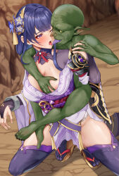 Rule 34 | 1boy, 1girl, areola slip, breasts, cleavage, colored skin, commission, flower, french kiss, genshin impact, goblin, grabbing, grabbing another&#039;s breast, grabbing from behind, green skin, groping, hair ornament, hetero, highres, interspecies, japanese clothes, kiss, large breasts, legs, long hair, low-braided long hair, low-tied long hair, mole, mole under eye, monster, obi, pixiv commission, pointy ears, purple eyes, purple hair, raiden shogun, rape, saliva, sash, size difference, thighhighs, tongue, tongue out, variant set, white-paka