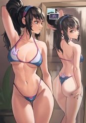 Rule 34 | 1girl, absurdres, animal print, arm behind head, ass, back, bad id, bad pixiv id, bare shoulders, bikini, blue nails, breasts, breasts apart, brown eyes, collarbone, contrapposto, cowboy shot, d.va (overwatch), hair between eyes, hairband, halterneck, hand on own ass, highleg, highleg bikini, highres, holding, holding own hair, indoors, long hair, looking at mirror, medium breasts, mirror, multiple views, nail polish, nape, navel, overwatch, parted lips, photo (object), ponytail, rabbit print, reflection, sidelocks, swimsuit, thigh gap, thong, thong bikini, underboob, zepaloc