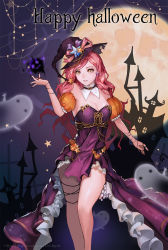 Rule 34 | 1girl, black hat, black nails, blush, breasts, cleavage, ghost, happy halloween, hat, highres, large breasts, long hair, looking at viewer, nail polish, naver username, original, parted lips, red hair, smile, snow is, solo, watermark, web address, yellow eyes