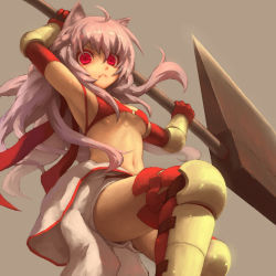 Rule 34 | 1girl, alternate color, animal ears, bad id, bad pixiv id, bikini, bikini top only, boots, frown, gloves, huge weapon, long hair, mechanic (ragnarok online), midriff, navel, o-ring, o-ring top, osobachan, pink hair, ragnarok online, red bikini, red eyes, simple background, solo, swimsuit, thigh boots, thighhighs, weapon