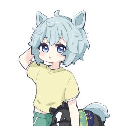 Rule 34 | 1girl, animal ears, arm behind head, arm up, blue eyes, blush, commentary request, commission, green pants, grey hair, hair between eyes, horse ears, looking at viewer, nozo (hitomiz), pants, seiun sky (racehorse), seiun sky (umamusume), shirt, short sleeves, simple background, skeb commission, solo, stuffed animal, stuffed horse, stuffed toy, umamusume, white background, yellow shirt