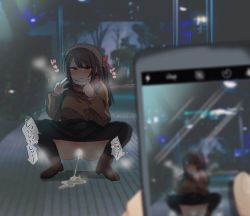 Rule 34 | 1girl, brown hair, cellphone, censored, clothes pull, highres, nomeshin, original, outdoors, pants, pants pull, peeing, phone, public indecency, puddle, recording, smartphone, squatting, steam, v