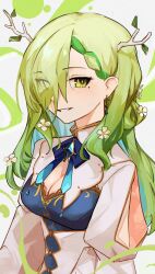 Rule 34 | 1girl, antlers, blue bow, blue bowtie, blue hair, bow, bowtie, breasts, ceres fauna, cleavage, colored inner hair, earrings, eyes visible through hair, green eyes, green hair, hair over one eye, highres, hololive, hololive english, horns, jewelry, long hair, looking at viewer, medium breasts, mole, mole under eye, multicolored hair, smile, solo, upper body, vergil mon, virtual youtuber