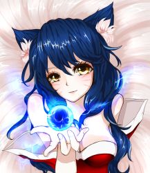 Rule 34 | 1girl, ahri (league of legends), animal ears, bare shoulders, black hair, breasts, cleavage, detached sleeves, facial mark, fox ears, fox tail, korean clothes, large breasts, league of legends, long hair, multiple tails, solo, tail, whisker markings, yellow eyes