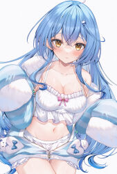 Rule 34 | 1girl, absurdres, ahoge, bloomers, blue bow, blue hair, blue jacket, bow, breasts, camisole, cleavage, closed mouth, crop top, crossed bangs, daifuku (yukihana lamy), frilled camisole, frills, fur-trimmed jacket, fur trim, hair intakes, hair ornament, hands up, heart, highres, hololive, jacket, long hair, loungewear, medium breasts, navel, official alternate costume, official alternate hairstyle, open clothes, open jacket, pajamas, pink bow, pointy ears, polka dot, polka dot camisole, raised eyebrows, runlan 0329, sidelocks, sleeves past fingers, sleeves past wrists, solo, stomach, striped clothes, striped jacket, thighs, underwear, unzipped, very long hair, virtual youtuber, white bloomers, white camisole, yellow eyes, yukihana lamy, yukihana lamy (loungewear), yukimin (yukihana lamy), zipper, zipper pull tab