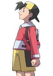 Rule 34 | 1boy, backpack, backwards hat, bag, baseball cap, black eyes, black hair, closed mouth, commentary request, creatures (company), ethan (pokemon), from side, game freak, grey bag, hat, highres, jacket, knees, long sleeves, looking up, male focus, nintendo, pokemon, pokemon gsc, sawa (soranosawa), short hair, shorts, smile, solo, yellow shorts, zipper pull tab