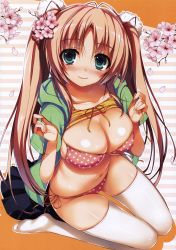 Rule 34 | 1girl, absurdres, antenna hair, bikini, bikini under clothes, blush, breasts, cherry blossoms, cleavage, clothes lift, collarbone, flower, from above, green eyes, hair flower, hair ornament, highres, hood, hoodie, large breasts, light brown hair, long hair, looking at viewer, looking up, navel, no shoes, open clothes, open hoodie, petals, pink bikini, pleated skirt, polka dot, polka dot bikini, pom pom (clothes), scan, shiny skin, shirt lift, side-tie bikini bottom, sitting, skirt, unworn skirt, smile, solo, striped, striped background, swimsuit, thighhighs, tomose shunsaku, twintails, wariza, white thighhighs