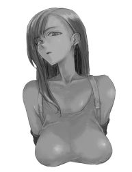 Rule 34 | 1girl, arms at sides, asymmetrical bangs, belt buckle, breasts, buckle, commentary request, earrings, final fantasy, final fantasy vii, greyscale, highres, jewelry, kotoyama, large breasts, long hair, monochrome, parted lips, single sidelock, solo, tank top, tifa lockhart, upper body, white background