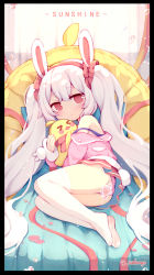 Rule 34 | &gt; &lt;, 1girl, animal, animal ears, ass, azur lane, bare shoulders, bird, black border, blush, border, chick, closed eyes, closed mouth, commentary request, hair between eyes, hairband, highres, jacket, laffey (azur lane), long hair, lying, manjuu (azur lane), no shoes, off shoulder, on side, panties, pink jacket, pleated skirt, rabbit ears, red eyes, red hairband, red skirt, skirt, solo, strap slip, striped clothes, striped panties, sudango, thighhighs, twintails, twitter username, underwear, very long hair, water drop, white hair, white thighhighs