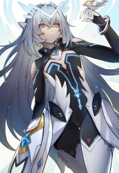 1girl android bird bird_on_hand clothing_cutout cowboy_shot elsword energy_wings eve_(elsword) grey_hair highres light_smile long_hair mark_under_both_eyes mecha_musume neon_trim orange_eyes robot_ears shishui_guima shoulder_cutout simple_background smile solo thigh_gap very_long_hair white_background