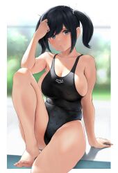 Rule 34 | 1girl, alternate costume, barefoot, black hair, black one-piece swimsuit, blue eyes, blue hair, blurry, blurry background, border, breasts, closed mouth, competition swimsuit, dark blue hair, embarrassed, feet, foot out of frame, hair ribbon, hand up, highleg, highleg swimsuit, highres, kantai collection, knee up, large breasts, legs, light blush, looking at viewer, medium hair, one-piece swimsuit, outdoors, outside border, ribbon, sideboob, sidelighting, sitting, solo, souryuu (kancolle), swimsuit, thighs, toenails, toes, twintails, wa (genryusui), white border, white ribbon