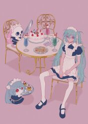 Rule 34 | 1girl, absurdres, aimaina, anniversary, apron, aqua hair, between legs, black dress, black eyes, black footwear, black lips, cake, chair, closed mouth, cookie, doushite-chan, dress, drinking straw, food, fork, fruit, glass, hair between eyes, hand between legs, hatsune miku, highres, holding, holding cleaver, holding plate, looking at viewer, maid, maid apron, maid headdress, mascot, pink background, pink eyes, pink hair, plate, pudding, red eyes, sidelocks, simple background, sitting, socks, spread legs, strawberry, table, twintails, unijirou, vocaloid, white socks