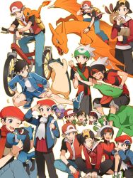 Rule 34 | 6+boys, ^ ^, alternate costume, backpack, backwards hat, bad id, bad twitter id, bag, bandaid, bandaid on cheek, bandaid on face, bandaid on knee, bandaid on leg, baozi, baseball cap, beret, bicycle, black hair, blue eyes, breath, brendan (pokemon), brendan (pokemon emerald), brendan (pokemon oras), brown eyes, brown hair, carrying, charizard, charmander, closed eyes, creatures (company), drifloon, eating, ethan (pokemon), fingerless gloves, flame-tipped tail, food, food on face, game freak, gen 1 pokemon, gen 2 pokemon, gen 3 pokemon, gen 4 pokemon, gloves, green eyes, grey eyes, grin, gym shorts, gym uniform, hand on another&#039;s head, hat, highres, injury, jacket, looking at another, looking at viewer, lucas (pokemon), male focus, multiple boys, multiple persona, multiple views, nintendo, orange gloves, outline, picking up, pokemon, pokemon (creature), pokemon dppt, pokemon gsc, pokemon hgss, pokemon oras, pokemon rgby, pokemon rse, red (pokemon), red (pokemon frlg), riding, riding pokemon, riolu, scarf, sceptile, sentret, shoes, short hair, short sleeves, shorts, shoulder carry, simple background, sitting, smile, sneakers, stretching, track jacket, typhlosion, white background, yukin (es)
