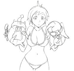 Rule 34 | 1girl, bikini, breasts, cleavage, greyscale, hand puppet, large breasts, monochrome, puppet, short hair, solo, swimsuit, wadatsumi (abura23)
