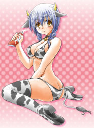 Rule 34 | 1girl, anal tail, animal ears, animal print, ass, bad id, bad pixiv id, bell, blue hair, boots, bra, braid, breasts, butt crack, butt plug, cow ears, cow girl, cow print, cow tail, cowbell, fake tail, hair over shoulder, horns, large breasts, lingerie, long hair, original, panties, sex toy, sexually suggestive, solo, tail, takaha momo, thigh boots, thighhighs, twin braids, underboob, underwear, underwear only, yellow eyes