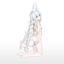 Rule 34 | 1girl, absurdres, animal ear fluff, animal ears, azur lane, bare shoulders, blue eyes, bodysuit, bow, braid, breasts, commentary, from side, full body, gradient background, grey background, hair between eyes, hair bow, highres, kneeling, komi (komiking), le malin (azur lane), le malin (listless lapin) (azur lane), long hair, looking at viewer, looking to the side, no shoes, rabbit ears, rabbit tail, small breasts, soles, solo, tail, twin braids, very long hair, white background, white bodysuit, white bow, white hair, wrist cuffs