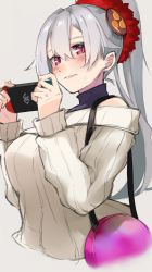 Rule 34 | 1girl, bag, fate/grand order, fate (series), first valentine, grey background, hair ornament, handbag, handheld game console, holding, holding handheld game console, looking at viewer, mitsudomoe (shape), nintendo switch, off-shoulder sweater, off shoulder, painttool sai (medium), pink bag, ponytail, purple shirt, rain (nadroj31), red eyes, red scrunchie, ribbed sweater, scrunchie, shirt, silver hair, slit pupils, solo, sweater, tomoe (symbol), tomoe gozen (fate), tomoe gozen (first valentine) (fate), turtleneck, undershirt, upper body, white sweater