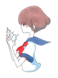 Rule 34 | 1girl, blue sailor collar, brown hair, commentary, conch, cropped torso, from side, holding, looking at object, neckerchief, original, profile, red neckerchief, sailor collar, sailor shirt, school uniform, serafuku, shirt, short hair, short sleeves, simple background, solo, tokunaga aoi, traditional media, upper body, white background, white shirt