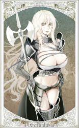 Rule 34 | 1girl, armor, art nouveau, axe, blue eyes, boots, breasts, cleavage, face, groin, hand on own hip, highres, large breasts, long hair, midriff, navel, nicole pmonachi, pixiv fantasia, pixiv fantasia 5, solo, thigh boots, thighhighs, weapon, white hair