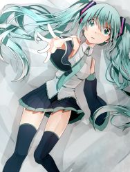 Rule 34 | 1girl, bad id, bad pixiv id, detached sleeves, green eyes, green hair, hatsune miku, ichirugi, long hair, matching hair/eyes, necktie, outstretched arm, reaching, skirt, solo, thighhighs, twintails, very long hair, vocaloid