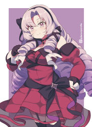 Rule 34 | 1girl, bare shoulders, black gloves, black hairband, black thighhighs, breasts, closed mouth, collarbone, detached sleeves, dress, drill hair, garter straps, gloves, hairband, half gloves, hand up, hyakumantenbara salome, hyakumantenbara salome (1st costume), juliet sleeves, kuromiya, large breasts, long hair, long sleeves, looking at viewer, nijisanji, one-hour drawing challenge, parted bangs, pink eyes, pink hair, puffy sleeves, purple background, red dress, red sleeves, see-through, smile, solo, strapless, strapless dress, thighhighs, twitter username, two-tone background, very long hair, virtual youtuber, white background