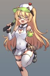 Rule 34 | 1girl, :d, azur lane, bache (azur lane), bache (showy sports star) (azur lane), ball, black footwear, blonde hair, blush, breasts, cleavage, cleavage cutout, clothing cutout, collared shirt, detached sleeves, fangs, goggles, green-tinted eyewear, green-tinted glasses, grey background, hat, heart cutout, highres, holding, holding ball, long hair, long sleeves, looking at viewer, miya (miyaruta), open mouth, pleated skirt, purple eyes, racket, shirt, shoes, simple background, single thighhigh, skirt, sleeveless, sleeveless shirt, small breasts, smile, solo, standing, standing on one leg, sunglasses, tennis ball, tennis racket, thighhighs, tinted eyewear, two side up, very long hair, visor, visor cap, white hat, white shirt, white skirt, white sleeves, white thighhighs