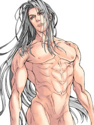 Rule 34 | 1990s (style), 1boy, abs, final fantasy, final fantasy vii, male focus, muscular, nude, pectorals, sephiroth, silver hair, smile, solo