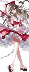 Rule 34 | 1girl, bare shoulders, barefoot, blush, bow, brown eyes, brown hair, closed mouth, detached sleeves, frilled skirt, frills, full body, hair between eyes, hair bow, hair tubes, hakurei reimu, highres, japanese clothes, long hair, nontraditional miko, red bow, red skirt, ribbon-trimmed sleeves, ribbon trim, sakizaki saki-p, sandals, sidelocks, simple background, skirt, solo, touhou, twitter username, white background, white sleeves, wide sleeves, zouri