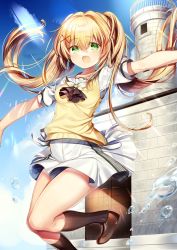 Rule 34 | 1girl, black socks, blonde hair, brown footwear, character request, chi no, day, floating hair, green eyes, hair between eyes, hair ornament, highres, kneehighs, loafers, long hair, looking at viewer, miniskirt, open mouth, outdoors, outstretched arms, pleated skirt, ribbon, sailor collar, sailor shirt, school uniform, shiny clothes, shiny legwear, shirt, shoes, short sleeves, skirt, socks, solo, sunlight, sweater, sweater vest, very long hair, white ribbon, white sailor collar, white shirt, white skirt, x hair ornament, yellow sweater