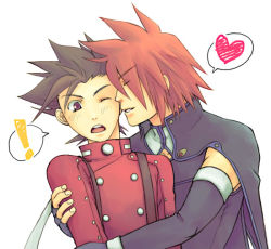 Rule 34 | 00s, age difference, akagi haruna, blush, brown eyes, brown hair, closed eyes, father and son, fingerless gloves, gloves, heart, hug, kratos aurion, lloyd irving, red hair, short hair, simple background, smile, spiked hair, surprised, tales of (series), tales of symphonia