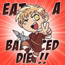 Rule 34 | 1boy, ;d, blonde hair, boots, chibi, commentary, dungeon meshi, emphasis lines, english commentary, english text, entangled, full body, hand up, highres, holding, holding sword, holding weapon, jumping, kensuke (dungeon meshi), knee up, laios touden, layered sleeves, long sleeves, looking at viewer, male focus, mossystars, one eye closed, open mouth, pants, red footwear, red pants, red theme, red tunic, short hair, short over long sleeves, short sleeves, smile, source quote, sword, w, weapon, winged sword, yellow eyes