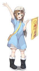 Rule 34 | 10s, 1girl, :d, absurdres, arm up, bag, black footwear, blue shirt, blush, boots, brown eyes, brown hair, character name, clothes writing, commentary request, flag, flat cap, full body, grey hat, grey shorts, hat, hataraku saibou, head tilt, highres, holding, holding flag, kimyo, long hair, open mouth, pigeon-toed, platelet (hataraku saibou), romaji commentary, round teeth, shirt, short shorts, short sleeves, shorts, shoulder bag, smile, solo, standing, teeth, upper teeth only, very long hair, white background