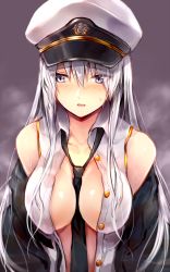 Rule 34 | 1girl, azur lane, between breasts, black coat, blush, breasts, coat, collarbone, commentary request, enterprise (azur lane), eyes visible through hair, grey background, hair between eyes, hat, highres, large breasts, long hair, necktie, necktie between breasts, parted lips, peaked cap, purple eyes, shirt, sidelocks, silver hair, smile, solo, steam, sukemyon, sweat, sweatdrop, tsurime, unbuttoned, unbuttoned shirt, upper body, white shirt