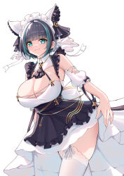 Rule 34 | 1girl, absurdres, animal ears, aqua eyes, arms at sides, azur lane, black hair, blunt bangs, breasts, catnnn, cheshire (azur lane), cleavage, closed mouth, cowboy shot, cross-laced clothes, detached sleeves, dress, fake animal ears, fang, frilled hairband, frilled ribbon, frills, grey hair, hairband, highres, large breasts, layered skirt, leaning forward, long ribbon, looking at viewer, maid, maid headdress, multicolored hair, puffy detached sleeves, puffy sleeves, ribbon, short hair, showgirl skirt, simple background, skin fang, skirt, slit pupils, smile, solo, streaked hair, thighhighs, white background, white thighhighs, wrist cuffs, zettai ryouiki