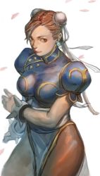 Rule 34 | 1girl, bam (s2leona), bracelet, breasts, brown eyes, brown hair, brown pantyhose, bun cover, capcom, china dress, chinese clothes, chun-li, cowboy shot, double bun, dress, earrings, gg (s2leona), hair bun, jewelry, large breasts, lips, nose, pantyhose, pelvic curtain, petals, short hair, solo, spiked bracelet, spikes, street fighter
