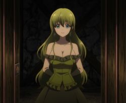 Rule 34 | 1girl, anastasia (isekai cheat magician), bare shoulders, blue eyes, breasts, cleavage, dress, earrings, frilled dress, frills, green dress, green hair, isekai cheat magician, jewelry, large breasts, long hair, screencap, skirt, smile, stitched, tagme, third-party edit
