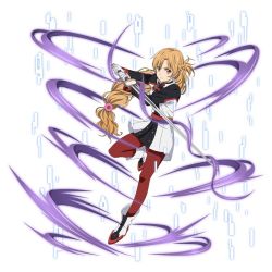Rule 34 | 1girl, asuna (sao), braid, braided ponytail, brown eyes, brown hair, floating hair, french braid, full body, gloves, grey gloves, holding, holding sword, holding weapon, leg up, long hair, looking at viewer, low-tied long hair, official art, pants, pantyhose, ponytail, red pants, simple background, solo, sword, sword art online, sword art online the movie: ordinal scale, very long hair, weapon, white background