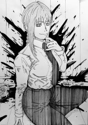 Rule 34 | 1girl, ass, black necktie, black pants, blood, blood on wall, blood splatter, blouse, braid, braided ponytail, breasts, business suit, chainsaw man, closed mouth, collared shirt, eindrawppsn, finger to mouth, formal, full body, greyscale, hatching (texture), high-waist pants, highres, horns, large breasts, light smile, long sleeves, looking at viewer, makima (chainsaw man), mature female, monochrome, necktie, office lady, pants, power (chainsaw man), ringed eyes, shirt, shirt tucked in, simple background, smile, solo, suit, thighs, white background, white shirt, wide hips, wooden floor