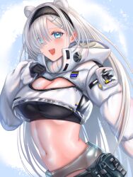 Rule 34 | 1girl, :d, animal ears, arknights, aurora (arknights), bear ears, black gloves, black hairband, black shirt, blue eyes, breasts, cleavage, cleavage cutout, clothing cutout, commentary, crop top, cropped jacket, gloves, hairband, highres, jacket, kemurikemu, large breasts, long hair, long sleeves, looking at viewer, midriff, navel, open mouth, pouch, shirt, smile, solo, stomach, upper body, very long hair, white hair, white jacket