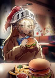 Rule 34 | 1girl, asymmetrical bangs, bad id, bad pixiv id, blonde hair, blue ribbon, blurry, blurry background, burger, eating, female knight (guardian tales), food, food on face, french fries, green eyes, guardian tales, helmet, highres, holding, holding food, indoors, long hair, looking at viewer, minmang bokjang, open mouth, ribbon, sauce, school uniform