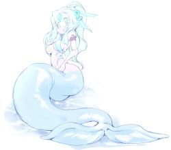 Rule 34 | 1girl, blue hair, female focus, frfr, full body, mermaid, monster girl, ponytail, simple background, solo, wet, white background