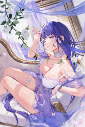 Rule 34 | 1girl, absurdres, bare shoulders, blush, bra, braid, breasts, cleavage, falling petals, flower, full-length mirror, genshin impact, hand up, highres, houkisei, jewelry, large breasts, long hair, looking at viewer, low-braided long hair, low-tied long hair, mirror, necklace, parted lips, petals, purple eyes, purple flower, purple hair, raiden shogun, rose, see-through, single braid, sitting, solo, thighs, underwear, white bra, white flower, white rose