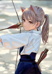 Rule 34 | 1girl, animal ears, arrow (projectile), artist name, bow (weapon), brown eyes, brown gloves, cat ears, earrings, feiqizi (fkey), fkey, gloves, grey hair, highres, jewelry, original, ponytail, quiver, slit pupils, solo, weapon
