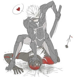 Rule 34 | 2boys, ash (ash1210), bandage over one eye, claws, cyborg, eyelashes, heart, high heels, long hair, male focus, metal gear (series), metal gear rising: revengeance, monsoon (metal gear rising), multiple boys, raiden (metal gear), simple background, stomping, sweat, sweatdrop, trembling, weapon, white background, white hair