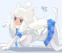 Rule 34 | 1girl, all fours, animal ear fluff, animal ears, blue necktie, blue skirt, blush, breasts, closed mouth, commentary request, elbow gloves, expressionless, feet out of frame, fur collar, gloves, grey background, grey eyes, heart, kemono friends, large breasts, lets0020, lion ears, lion girl, lion tail, long hair, looking at viewer, looking to the side, medium bangs, miniskirt, necktie, numbered, pantyhose, paw pose, plaid, plaid necktie, plaid skirt, pleated skirt, shirt, skirt, solo, tail, white gloves, white hair, white lion (kemono friends), white pantyhose, white shirt