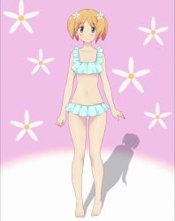 Rule 34 | 1girl, absurdres, barefoot, bikini, blonde hair, blue bikini, blush, breasts, feet, flower, frilled bikini, frills, green eyes, hair flower, hair ornament, highres, looking at viewer, navel, sakura trick, screencap, short hair, small breasts, smile, solo, sonoda yuu, stitched, swimsuit, third-party edit, twintails
