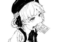 Rule 34 | 1girl, arms at sides, beret, card, collared shirt, commentary request, english text, flower, greyscale, hair flower, hair ornament, hair ribbon, half-closed eyes, hat, hatoba tsugu, highres, light blush, looking at viewer, mole, mole under eye, monochrome, mouth hold, ouka (yama), portrait, ribbon, shirt, short hair, simple background, single hair ring, smile, solo, suspenders, tsugu (vtuber), virtual youtuber