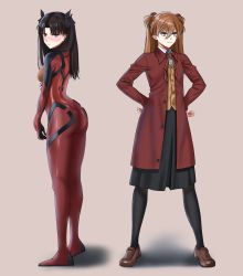 Rule 34 | 2girls, alternate costume, artist request, ass, black hair, black legwear, blouse, blue eyes, blush, bodysuit, breasts, brown footwear, brown hair, collared shirt, cosplay, costume switch, crossover, curvy, embarrassed, fate/stay night, fate (series), female focus, frown, full body, hair between eyes, hand in own hair, hands on own hips, highres, huge ass, interface headset, jacket, long hair, looking at viewer, looking back, looking to the side, medium breasts, miniskirt, multiple girls, neon genesis evangelion, pantyhose, parted bangs, plugsuit, red bodysuit, red jacket, scowl, shirt, simple background, skirt, smile, souryuu asuka langley, souryuu asuka langley (cosplay), standing, tohsaka rin, tohsaka rin (cosplay), trait connection, tsundere, twintails, white shirt