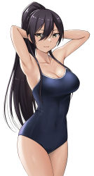 Rule 34 | 1girl, arms behind head, arms up, bare arms, black hair, blue one-piece swimsuit, breasts, brown eyes, closed mouth, collarbone, covered navel, cowboy shot, hair between eyes, hashi, idolmaster, idolmaster shiny colors, light smile, long hair, looking at viewer, medium breasts, one-piece swimsuit, ponytail, school swimsuit, shirase sakuya, simple background, solo, swimsuit, thighs, white background